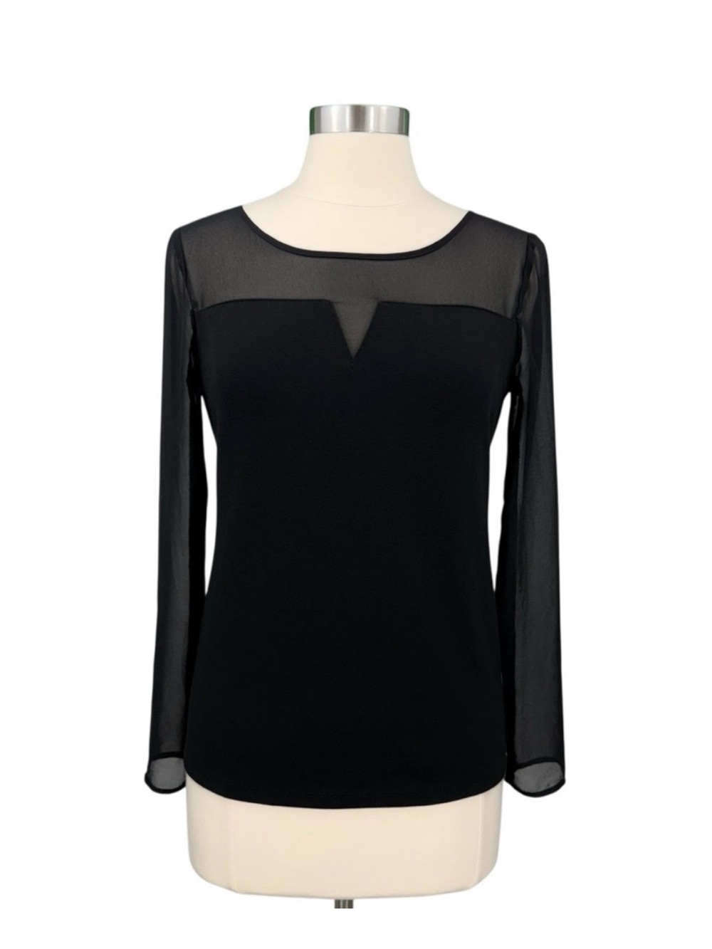 Ann Taylor Black Long-Sleeve Top with Sheer Yoke